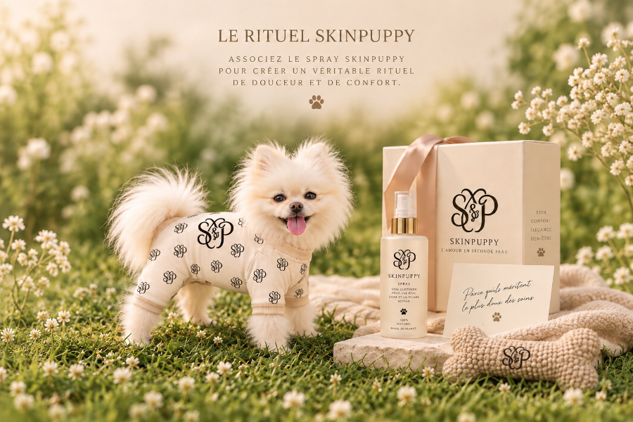 Coffret Le Rituel SKINPUPPY présenté dans un décor fleuri, avec ses produits de soin pour chien et ses accessoires.