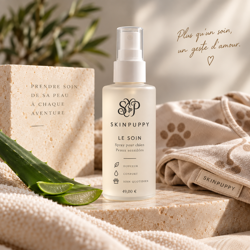 Flacon du spray Le Soin SKINPUPPY pour chien, présenté avec un tissu beige à motifs de pattes et de l'aloe vera.